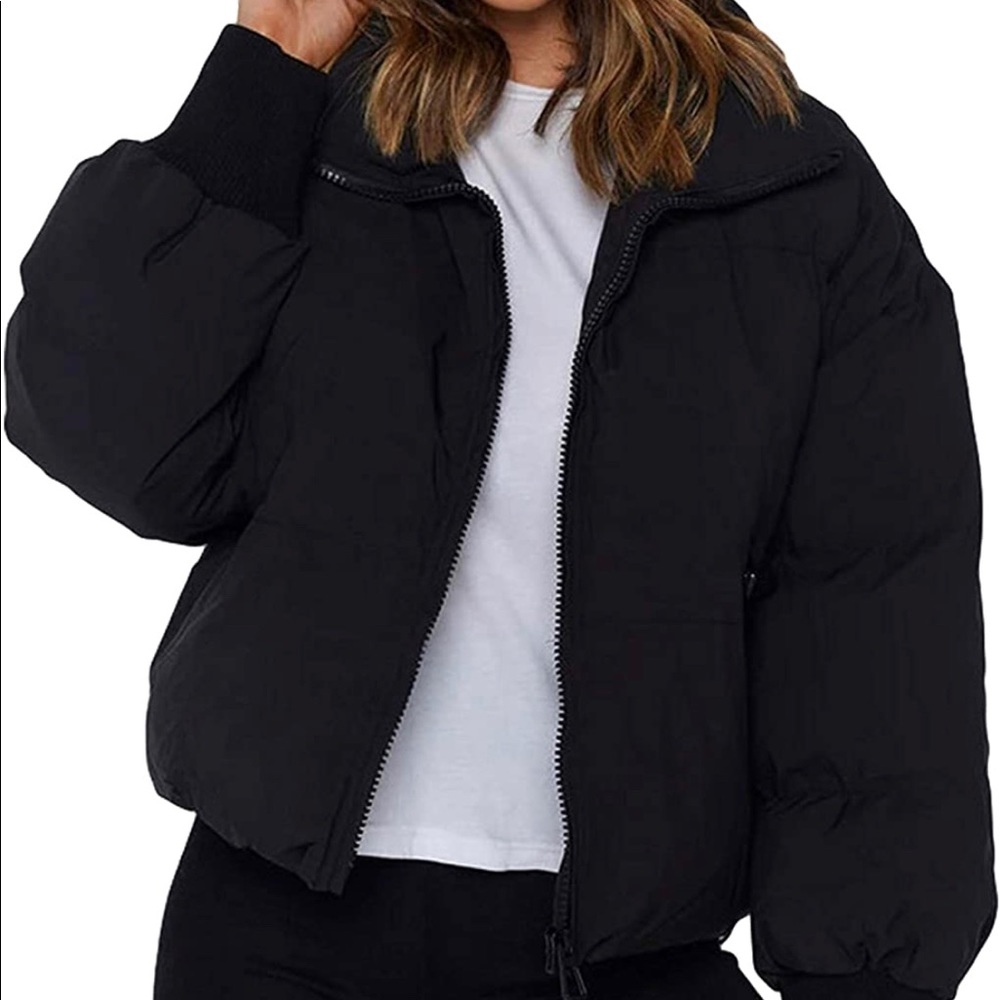 Womens Casual Puffer Jacket Long Sleeve Full Zip Black Padded Winter Coat